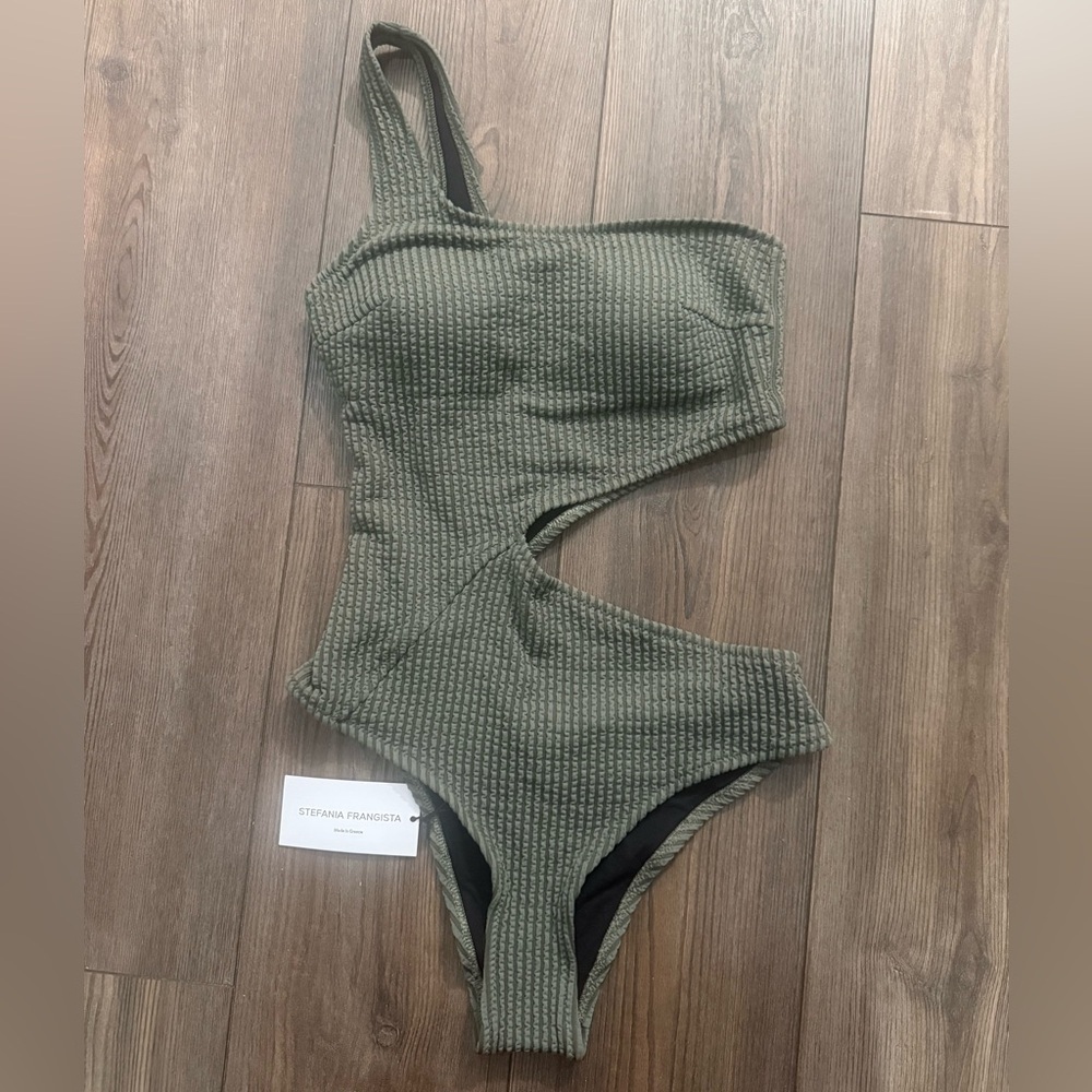 Stefania Frangista One Shoulder Cutout One Piece Olive Textured Swim Small NWT